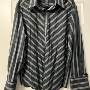 Claiborne Men's Black and Gray Striped Shirt